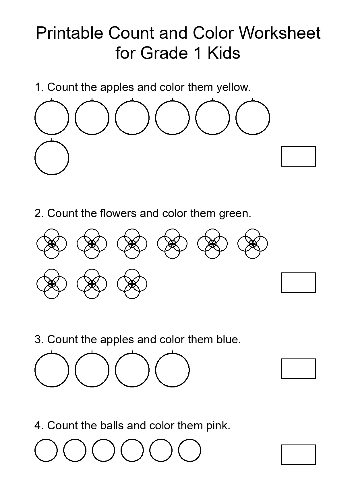 Printable Count and Color Worksheet for Grade 1 Kids