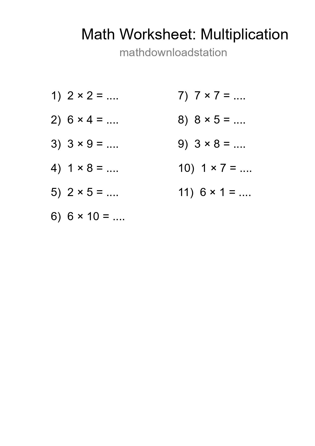 Printable Free 11 Multiplication Math Worksheet For Grade 1 - Part 172