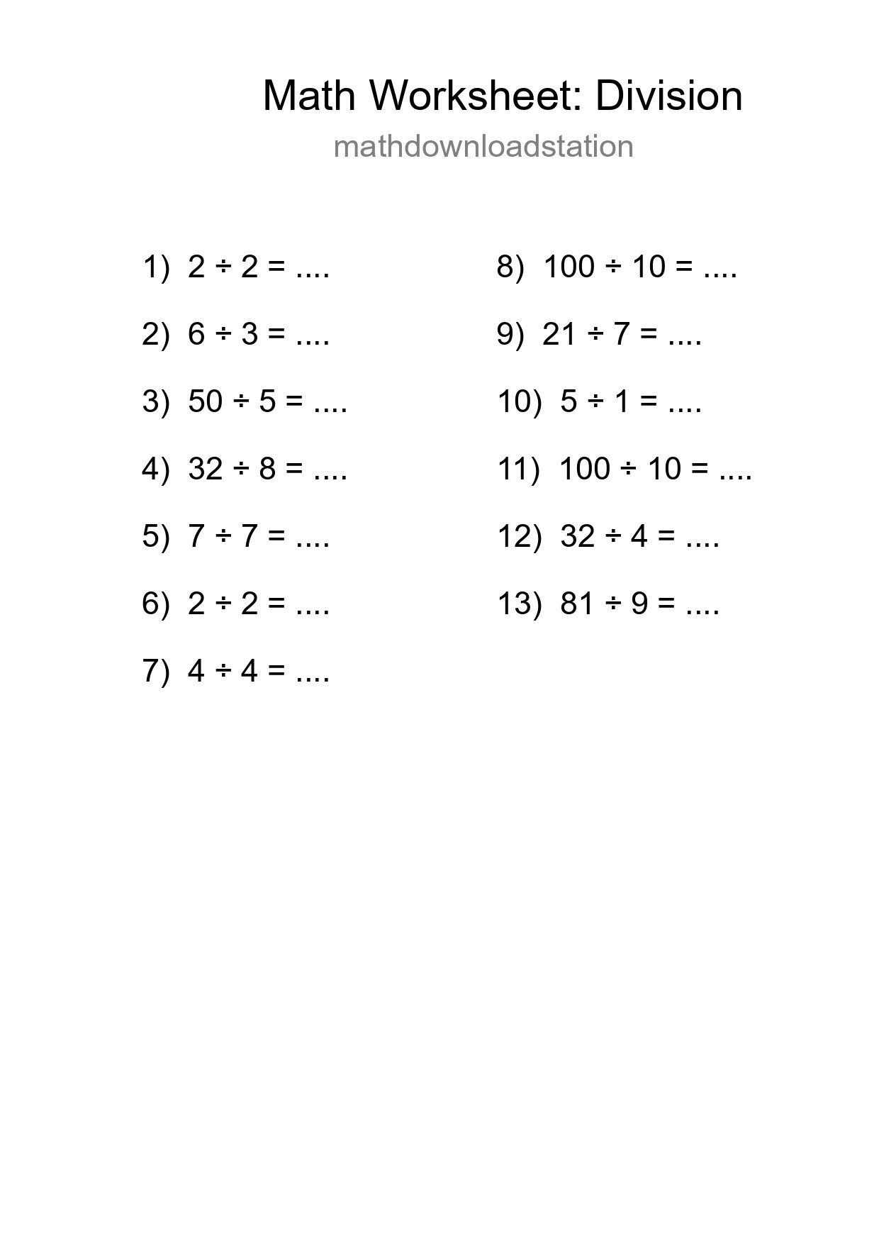 Printable Free 13 Division Math Worksheet For Grade 1 - Part 37