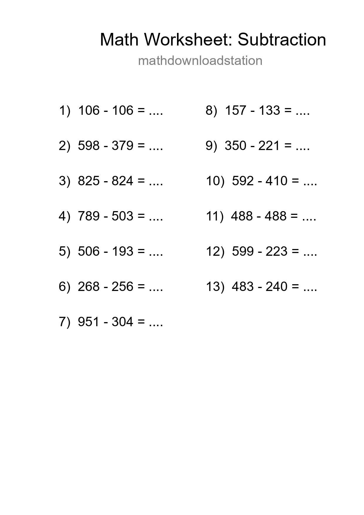 Printable Free 13 Subtraction Math Worksheet For Grade 5 - Part 228