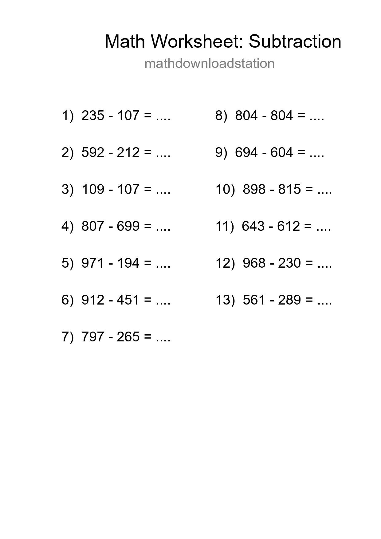 Printable Free 13 Subtraction Math Worksheet For Grade 5 - Part 96