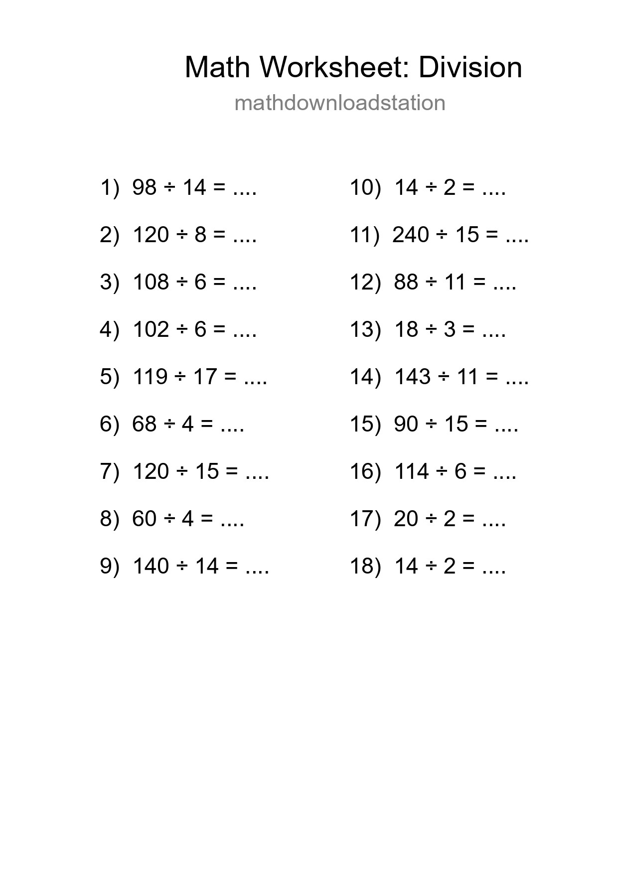 Printable Free 18 Division Math Worksheet For Grade 2 - Part 147