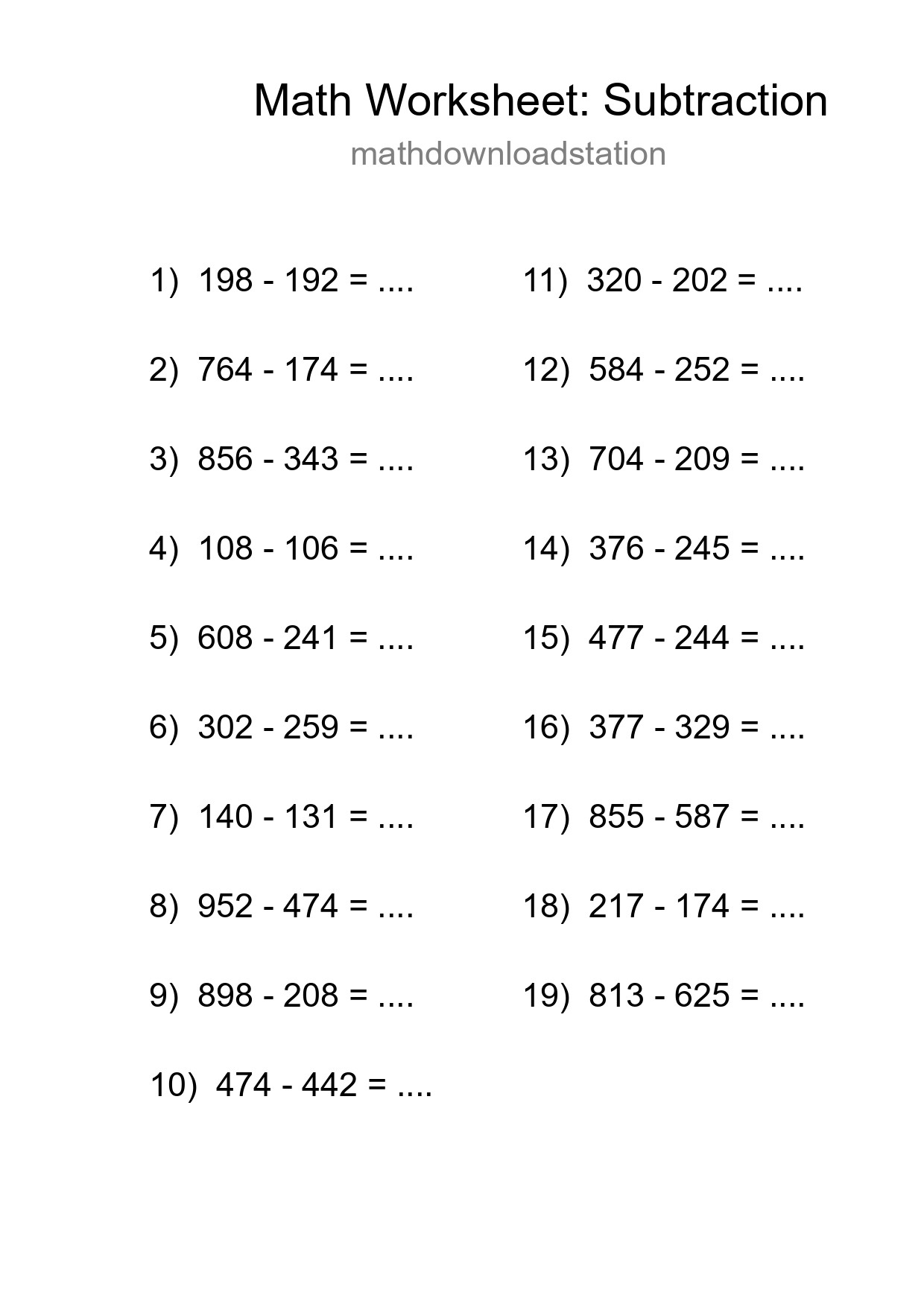Printable Free 19 Subtraction Math Worksheet For Grade 5 - Part 173