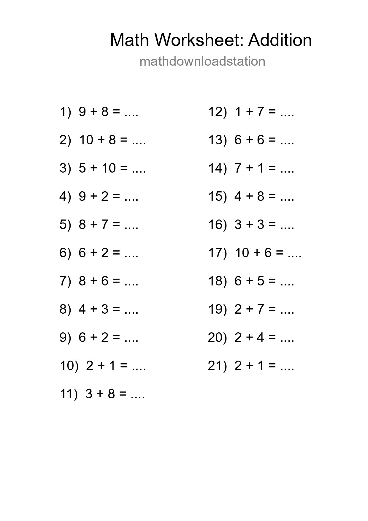 Printable Free 21 Addition Math Worksheet For Grade 1 - Part 221