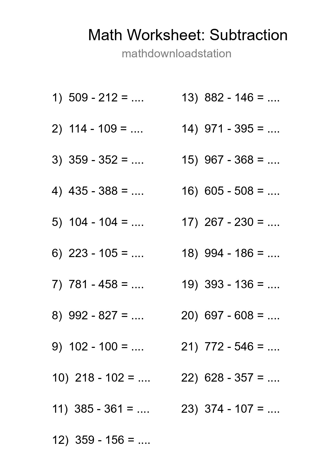Printable Free 23 Subtraction Math Worksheet For Grade 5 - Part 206
