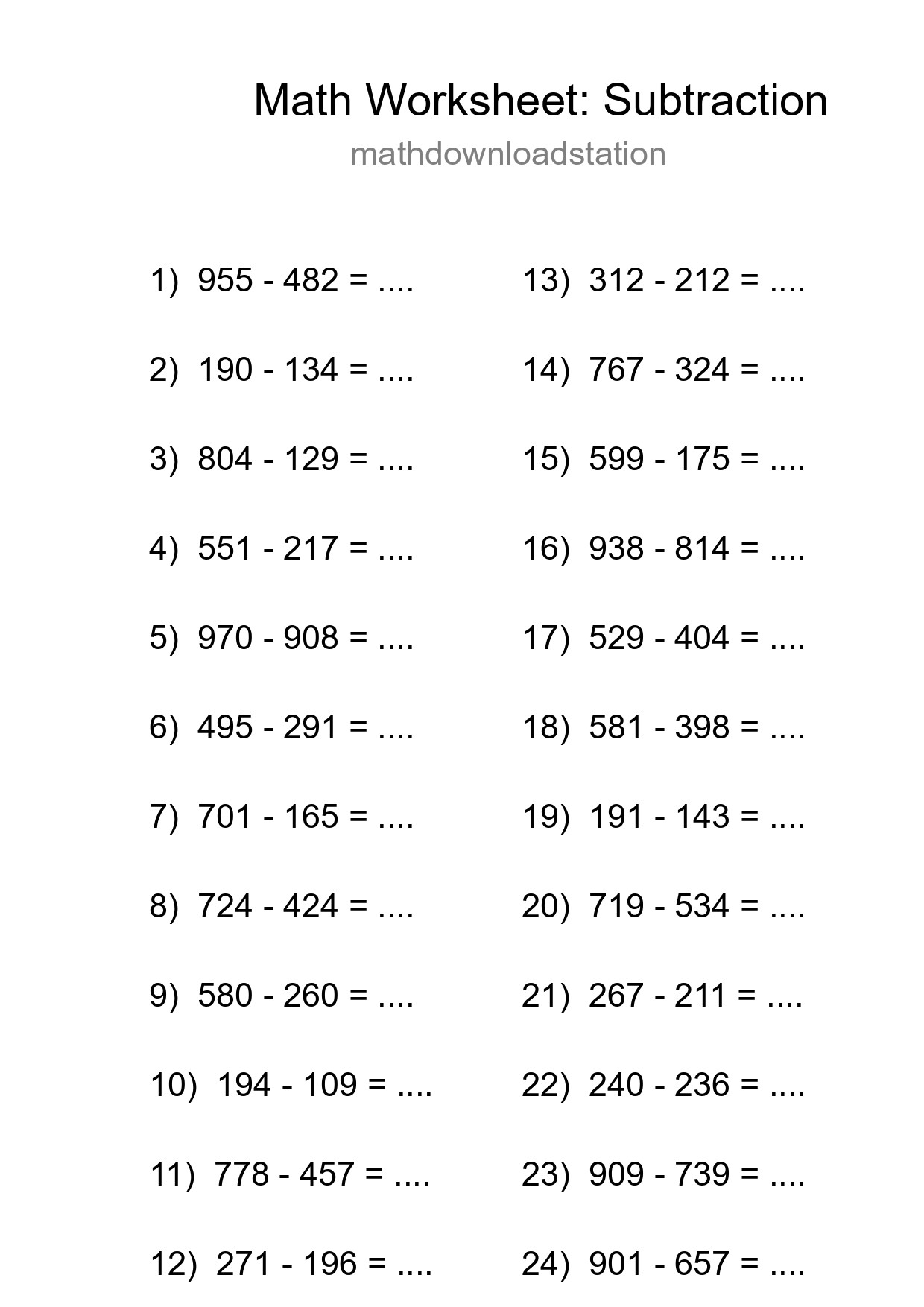 Printable Free 24 Subtraction Math Worksheet For Grade 5 - Part 250