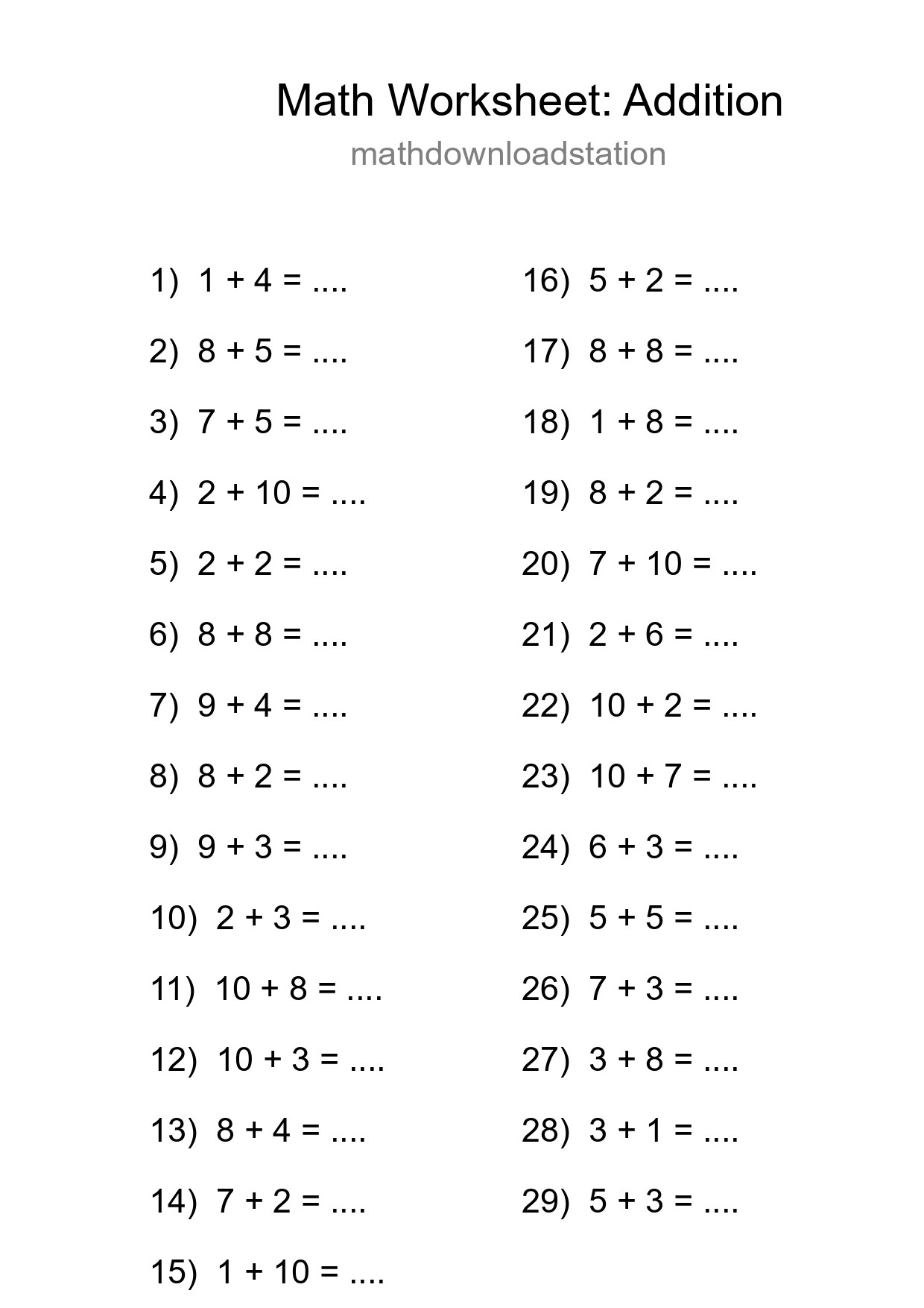Printable Free 29 Addition Math Worksheet For Grade 1 - Part 122