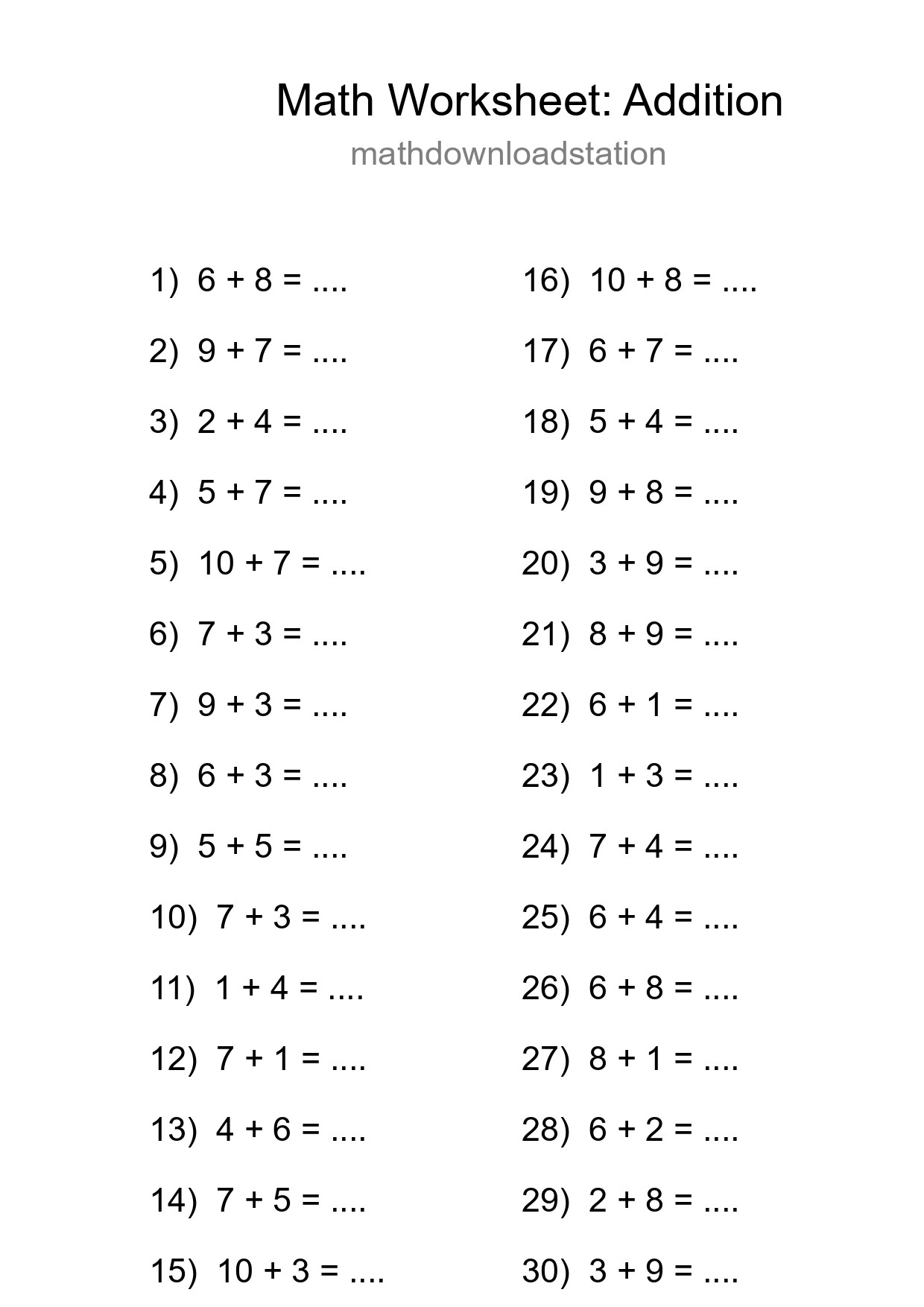 Printable Free 30 Addition Math Worksheet For Grade 1 - Part 243
