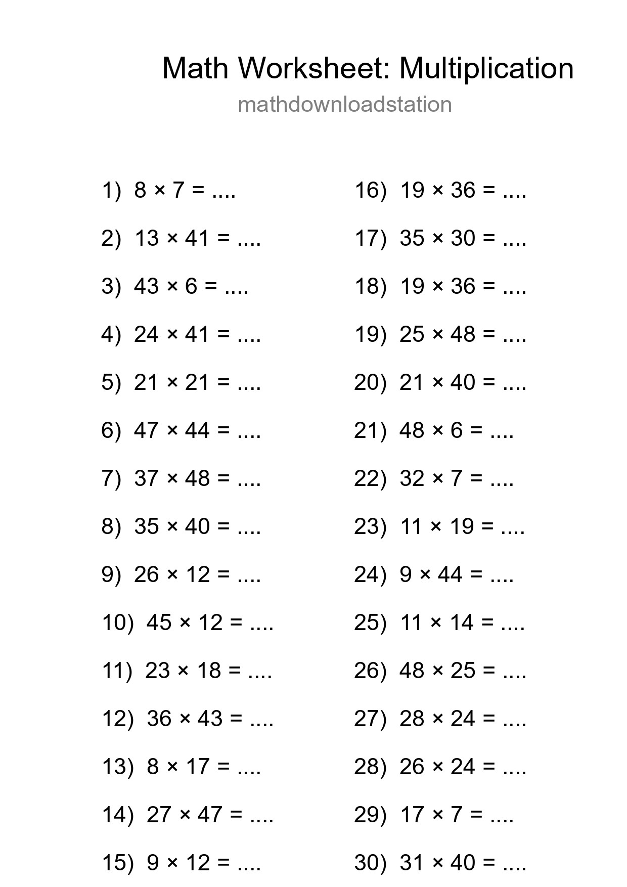 Printable Free 30 Multiplication Math Worksheet For Grade 2 - Part 117